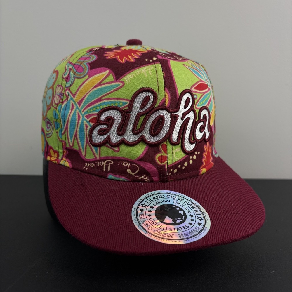 Island Crew Hawaii Aloha Hat Y2K Floral Tribal Maroon Cap Snapback Adjustable